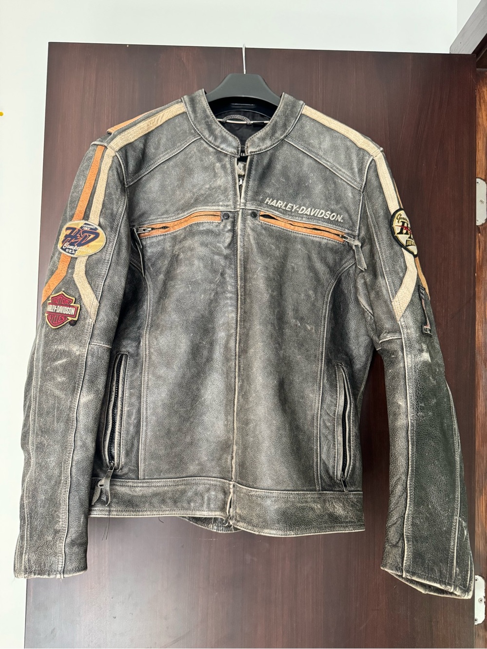 Harley-Davidson Black Leather Bomber Jacket with Tan & Orange Accents
